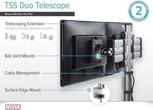 Novus TSS Duo Telescope Monitor Arm, Easily Align 2 Monitors, Improves Comfort with Ergonomic Adjustments, Space-Saving Arm Design, Fast Desk Clamp Installation, Silver in Saudi Arabia