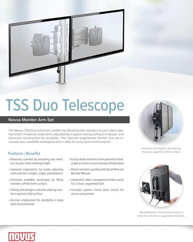 Novus TSS Duo Telescope Monitor Arm, Easily Align 2 Monitors, Improves Comfort with Ergonomic Adjustments, Space-Saving Arm Design, Fast Desk Clamp Installation, Silver in Saudi Arabia