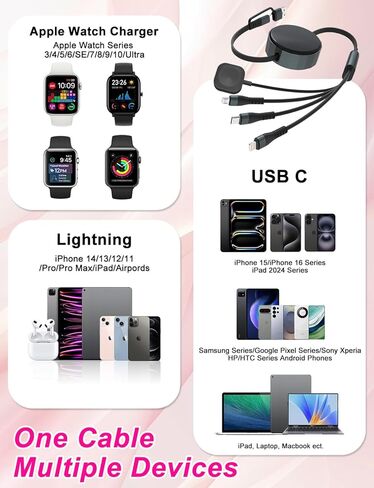 4-in-1 Retractable Charging Cable for Apple Watch - Upgraded 100W Retractable Fast Charging Cable with USB-C, Lightning, Micro USB & Apple Watch Charger, for iWatch/iPhone 17-8/Android/iPad/Laptop in Saudi Arabia