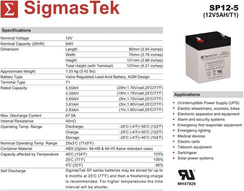 SigmasTek Leoch DJW12-4.5 Compatible Battery, 12V 5Ah F1 in Saudi Arabia