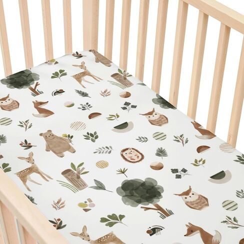Fitted Crib Sheets for Baby Boys Girls 28" x 52", Standard Toddler Bed Mattress Cover, Soft Snug Breathable Kids Nursery Decor, Neutral Boho Forest Woods Animals Theme in Saudi Arabia
