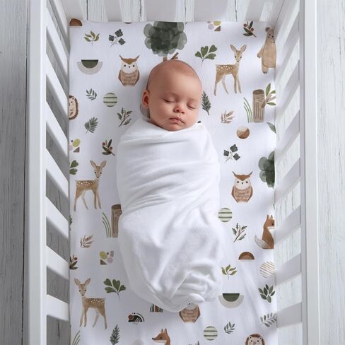 Fitted Crib Sheets for Baby Boys Girls 28" x 52", Standard Toddler Bed Mattress Cover, Soft Snug Breathable Kids Nursery Decor, Neutral Boho Forest Woods Animals Theme in Saudi Arabia