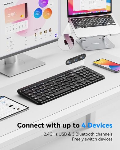 لوحة مفاتيح لاسلكية TECKNET بلوتوث و2.4 جيجا USB، اتصال يصل إلى 4 أجهزة، بطارية قابلة لإعادة الشحن USB C، كتابة هادئة، تصميم مضغوط، إمالة مريحة 7 درجات، متوافقة مع Windows/Android/iOS، أسود in Kuwait