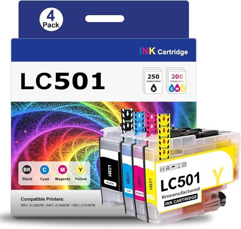 LC501 Ink Cartridges Compatible for Brother LC501 Brother LC 501 BrotherLC501 Printer Ink LC501 LC501XL Ink Work with Work Smart 1360 MFC-J1360DW MFC-J1410DW MFC-J1260W Printer Black C/M/Y(4 Pack) in Kuwait