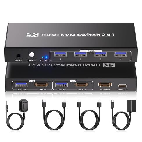 2 Port HDMI KVM Switch, USB 3.0 4K60Hz KVM Switch 1 Monitor 2 Computers for 2 PCs Share 1 Monitor and 1 Set of Keyboard Mouse, 4 USB 3.0 Ports for Peripheral in Saudi Arabia
