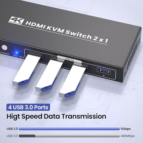 2 Port HDMI KVM Switch, USB 3.0 4K60Hz KVM Switch 1 Monitor 2 Computers for 2 PCs Share 1 Monitor and 1 Set of Keyboard Mouse, 4 USB 3.0 Ports for Peripheral in Saudi Arabia