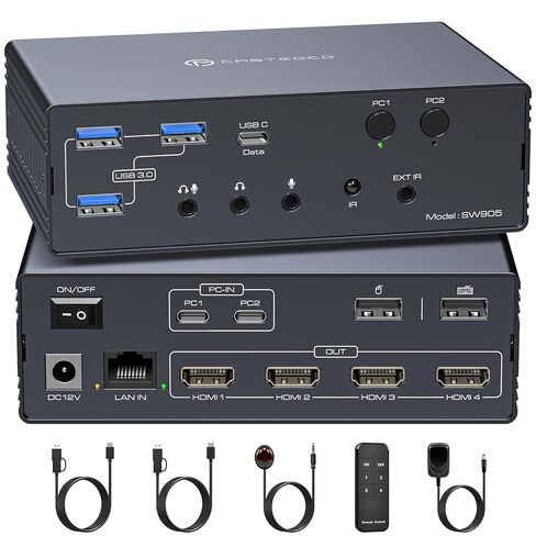 محطة إرساء Thunderbolt KVM لأجهزة Macbook 4 شاشات 2 كمبيوتر HDMI 4K60 هرتز Displaylink USB C Dock لأجهزة الكمبيوتر المحمولة/سطح المكتب مشاركة 4xHDMI USBA/C Ethernet دعم الصوت الممتد/وضع النسخ in Kuwait