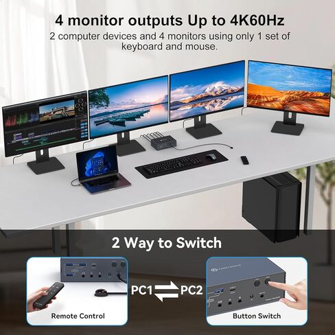 محطة إرساء Thunderbolt KVM لأجهزة Macbook 4 شاشات 2 كمبيوتر HDMI 4K60 هرتز Displaylink USB C Dock لأجهزة الكمبيوتر المحمولة/سطح المكتب مشاركة 4xHDMI USBA/C Ethernet دعم الصوت الممتد/وضع النسخ in Kuwait