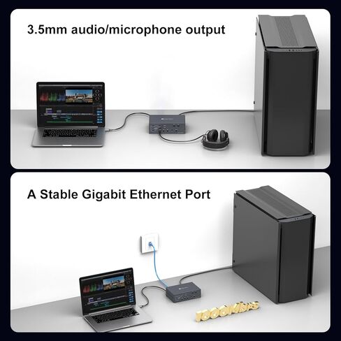 محطة إرساء Thunderbolt KVM لأجهزة Macbook 4 شاشات 2 كمبيوتر HDMI 4K60 هرتز Displaylink USB C Dock لأجهزة الكمبيوتر المحمولة/سطح المكتب مشاركة 4xHDMI USBA/C Ethernet دعم الصوت الممتد/وضع النسخ in Kuwait