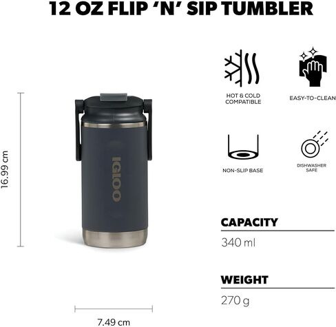 IGLOO Tumbler 12 Thermal Flasks - Stainless Steel Drinking Bottle 350 ml, Anthracite, Leak-Proof, Carbonated Drinks, Dishwasher Safe, BPA-Free, Ideal for Fizz, Leisure, Sports, Outdoor and Camping in Saudi Arabia