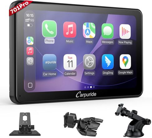 Carpuride W701 Pro مع ناقل حركة بلوتوث لاسلكي Carplay وAndroid Auto Car Stereo، شاشة لمس 7 بوصة 1080P، وصلة مرآة/GPS/Siri/FM، مع 3 دعامات in Kuwait