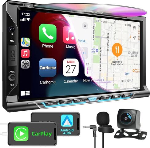 راديو سيارة مزدوج الدين مع مشغل CD/DVD، ستيريو سيارة بشاشة تعمل باللمس 7 بوصة مع CarPlay لاسلكي ودعم Android التلقائي Bluetooth5.2، كاميرا احتياطية، وصلة مرآة، مضخم صوت، SWC، مستقبل راديو السيارة AM/FM in Kuwait