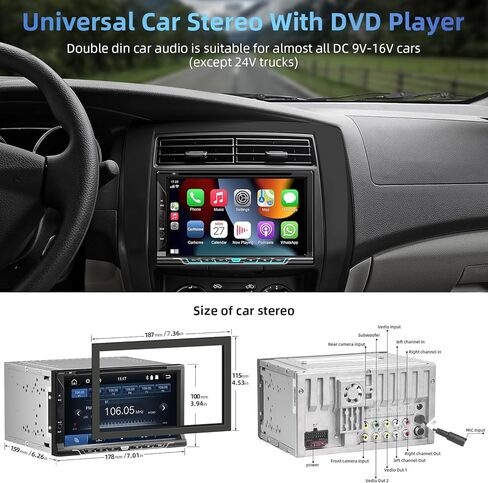 راديو سيارة مزدوج الدين مع مشغل CD/DVD، ستيريو سيارة بشاشة تعمل باللمس 7 بوصة مع CarPlay لاسلكي ودعم Android التلقائي Bluetooth5.2، كاميرا احتياطية، وصلة مرآة، مضخم صوت، SWC، مستقبل راديو السيارة AM/FM in Kuwait