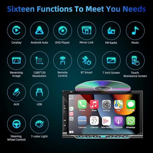 راديو سيارة مزدوج الدين مع مشغل CD/DVD، ستيريو سيارة بشاشة تعمل باللمس 7 بوصة مع CarPlay لاسلكي ودعم Android التلقائي Bluetooth5.2، كاميرا احتياطية، وصلة مرآة، مضخم صوت، SWC، مستقبل راديو السيارة AM/FM in Kuwait