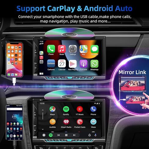 راديو سيارة مزدوج الدين مع مشغل CD/DVD، ستيريو سيارة بشاشة تعمل باللمس 7 بوصة مع CarPlay لاسلكي ودعم Android التلقائي Bluetooth5.2، كاميرا احتياطية، وصلة مرآة، مضخم صوت، SWC، مستقبل راديو السيارة AM/FM in Kuwait