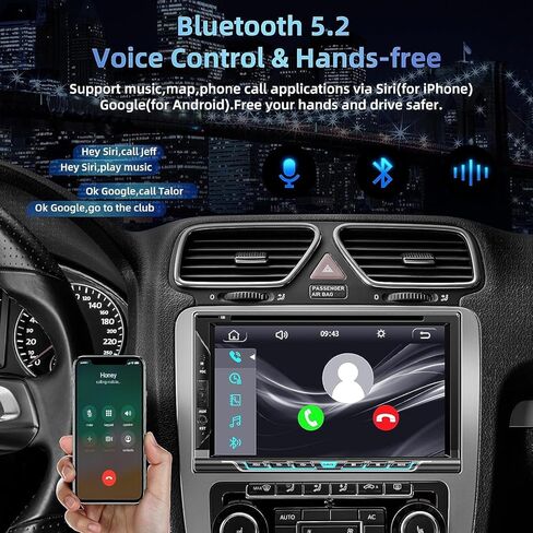 راديو سيارة مزدوج الدين مع مشغل CD/DVD، ستيريو سيارة بشاشة تعمل باللمس 7 بوصة مع CarPlay لاسلكي ودعم Android التلقائي Bluetooth5.2، كاميرا احتياطية، وصلة مرآة، مضخم صوت، SWC، مستقبل راديو السيارة AM/FM in Kuwait