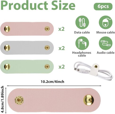 6 Pack PU Leather Cord Organizer, Reusable Cable Straps Clips Phone Cord Ties Charging Cords Power Cords Travel Organizer Earphone USB Holder Snap Closure Multipurpose Cable Management Clips in Kuwait