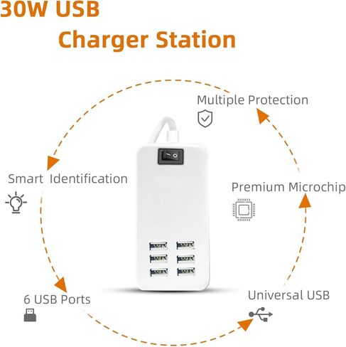 محطة شحن USB متعددة المنافذ، شواحن محمولة 6 منافذ لأجهزة متعددة، محول شاحن حائط لهاتف iPhone 17 16 15 pro max Samsung Galaxy S25/S24/S23 in Kuwait