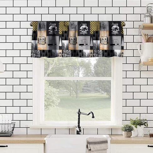 Happy Camping Valances Kids Camper Botanical Tree Black Brown Camping Car Check Window Valances for Baby Living Room Bedroom Nursery Bathroom Cafe 54x18in in Saudi Arabia