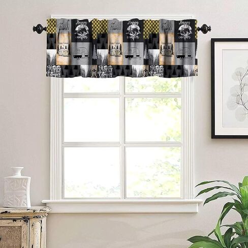 Happy Camping Valances Kids Camper Botanical Tree Black Brown Camping Car Check Window Valances for Baby Living Room Bedroom Nursery Bathroom Cafe 54x18in in Saudi Arabia