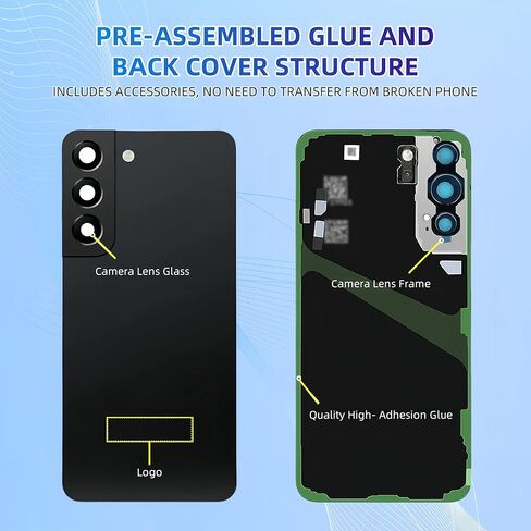 Battery Back Cover for Samsung Galaxy S22+ Plus 5G SM-S906 6.6 inches Back Glass Cover Replacement Repair Set with Repairing Toolkit (Black) in Kuwait