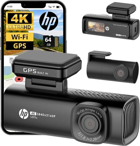 كاميرا HP 4K+1080P Dash Cam، كاميرا أمامية وخلفية للسيارات، شاشة LCD 1.5 بوصة، بطاقة 64 جيجابايت، رؤية ليلية مع WDR، دعم وضع ركن السيارة، تتبع نظام تحديد المواقع العالمي (GPS)، تسجيل حوادث مستشعر G، موديل f499x in Saudi Arabia