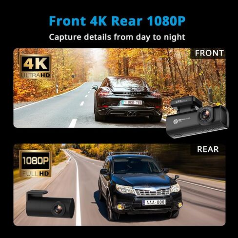 كاميرا HP 4K+1080P Dash Cam، كاميرا أمامية وخلفية للسيارات، شاشة LCD 1.5 بوصة، بطاقة 64 جيجابايت، رؤية ليلية مع WDR، دعم وضع ركن السيارة، تتبع نظام تحديد المواقع العالمي (GPS)، تسجيل حوادث مستشعر G، موديل f499x in Saudi Arabia