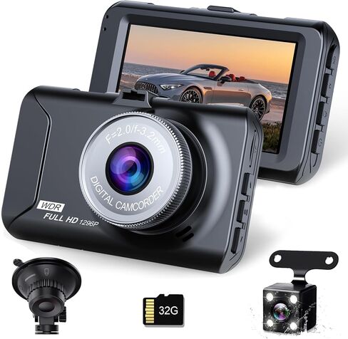 Dash Cam Front and Rear, Front and Rear car Cameras, 170 Wide-Angle, with a 3.0 "LCD Display Screen, Infrared Night Vision,1296P Full HD car Camera.32GB SD Card, IPS Screen,WDR (YQ) in Saudi Arabia