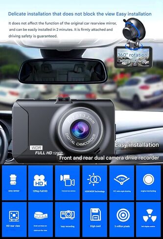 Dash Cam Front and Rear, Front and Rear car Cameras, 170 Wide-Angle, with a 3.0 "LCD Display Screen, Infrared Night Vision,1296P Full HD car Camera.32GB SD Card, IPS Screen,WDR (YQ) in Saudi Arabia