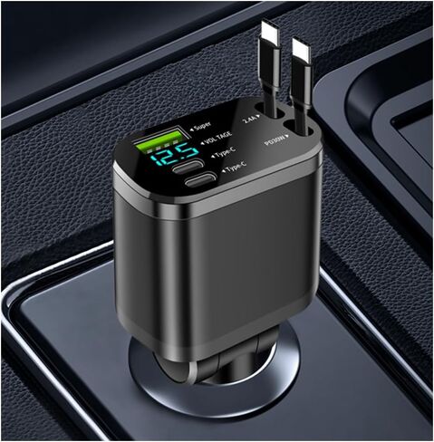 محول شاحن سيارة قابل للسحب 5 في 1، شاحن هاتف سيارة مطور مع كابل PD 30 واط ومنفذ شحن USB سريع، منافذ USB عالمية وشواحن سيارات USB C متوافقة مع Android وiPhone in Kuwait