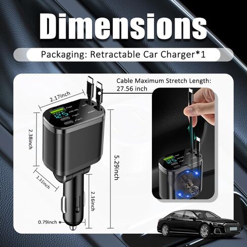 محول شاحن سيارة قابل للسحب 5 في 1، شاحن هاتف سيارة مطور مع كابل PD 30 واط ومنفذ شحن USB سريع، منافذ USB عالمية وشواحن سيارات USB C متوافقة مع Android وiPhone in Kuwait
