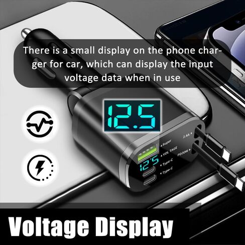 محول شاحن سيارة قابل للسحب 5 في 1، شاحن هاتف سيارة مطور مع كابل PD 30 واط ومنفذ شحن USB سريع، منافذ USB عالمية وشواحن سيارات USB C متوافقة مع Android وiPhone in Kuwait