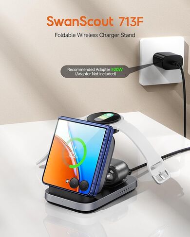 شاحن SwanScout اللاسلكي لهاتف Samsung Z Flip 7/7 FE/6/5/4/3، محطة شحن 3 في 1 لساعة Galaxy Watch 8 Classic/8/Ultra/7/FE/6/5/4، SwanScout 713F (بدون محول) in Kuwait