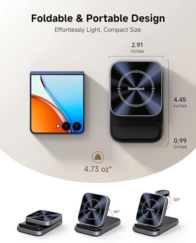 شاحن SwanScout اللاسلكي لهاتف Samsung Z Flip 7/7 FE/6/5/4/3، محطة شحن 3 في 1 لساعة Galaxy Watch 8 Classic/8/Ultra/7/FE/6/5/4، SwanScout 713F (بدون محول) in Kuwait