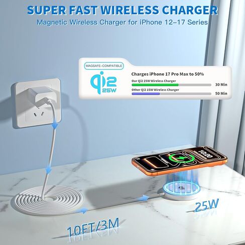 [معتمد من Apple Qi2.2] شاحن لاسلكي مغناطيسي، شاحن iPhone Magsafe 10FT 25W، لوحة شحن سريعة للهاتف، كابل شحن مغناطيسي لاسلكي لهاتف iPhone 17/17 Pro/17 Pro Max/Air/16 ProMax/15/14/13/12 in Kuwait