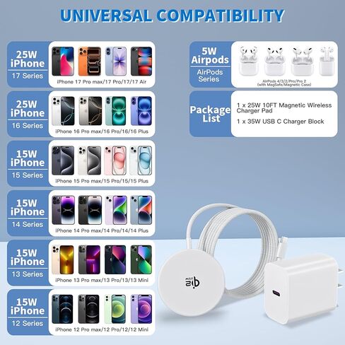 [معتمد من Apple Qi2.2] شاحن لاسلكي مغناطيسي، شاحن iPhone Magsafe 10FT 25W، لوحة شحن سريعة للهاتف، كابل شحن مغناطيسي لاسلكي لهاتف iPhone 17/17 Pro/17 Pro Max/Air/16 ProMax/15/14/13/12 in Kuwait