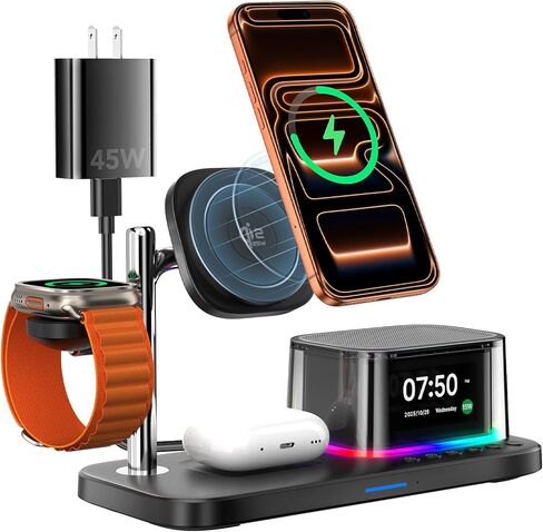 ساعة منبه مع شحن لاسلكي، محطة شحن 7 في 1 مع إضاءة ليلية، مكبرات صوت بلوتوث، شاحن مغناطيسي Qi2 25 وات لهاتف iPhone 17 16 15 14 13 12 Pro Max Plus Apple Watch Airpods، غرفة النوم in Kuwait