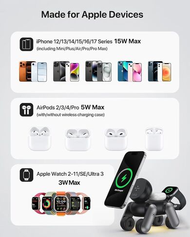 3 in 1 Wireless Charging Station for Apple Devices,Foldable Cute Magnetic Mag-Safe Wireless Charger Stand with Night Light for iPhone 17 Air 16 15 14 13 12 Series,AirPods 4 3 2 Pro,Apple Watch in Kuwait