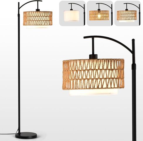 Rattan Floor Lamp for Living Room with 3 Color Temperatures, Farmhouse Floor Lamps with Remote, Boho Standing Lamp with Rattan & Fabric Shades, Adjustable Height Lamp for Bedroom, Living Room Office in Saudi Arabia