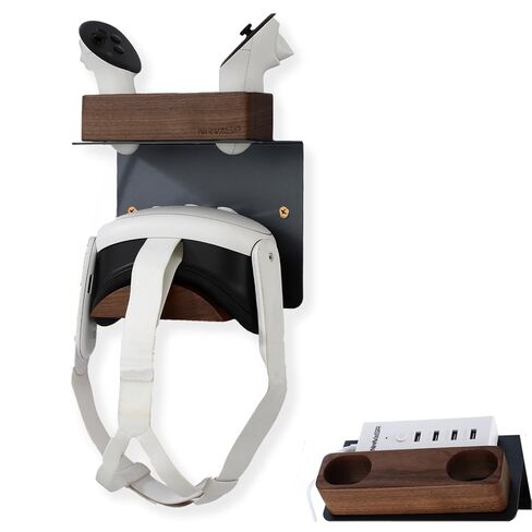 NIRVASH Walnut VR Headset Wall Mount Holder, Wood VR Wall Stand Storage Hook Compatible with Meta/Oculus Quest 3, 2, 3S, Vive Display Hanger, Game Room Decor Vintage Gift Organizer Shelf (No Charger) in Kuwait
