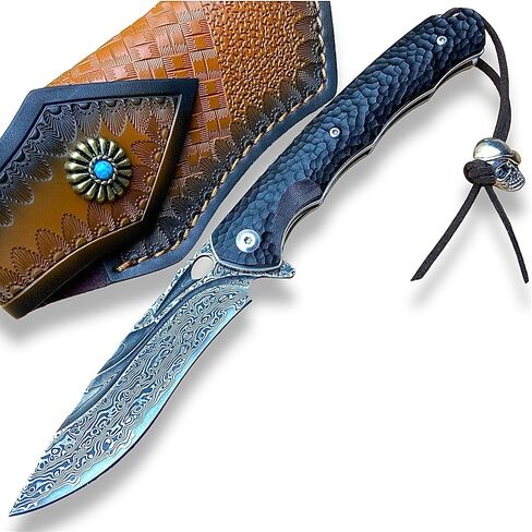 سكين جيب من الفولاذ الدمشقي من TACTICAL GEARZ لـ EDC، مقبض خشب الأبنوس (أسود)، شفرة فولاذية دمشق متعددة الطبقات (Krato XT) in Kuwait