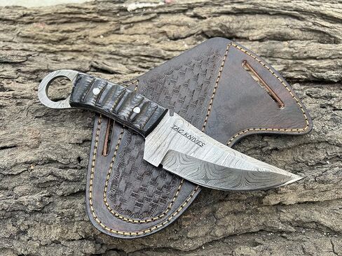 سكاكين TAC - سكين بقاء Bushcraft 12T27 شفرة ثابتة من الفولاذ الدمشقي في الهواء الطلق - مقبض من خشب الباكا - غمد جلد الفطيرة - سكين ميداني تقليدي للتخييم وصيد الأسماك والصيد والرجال والنساء - سكين EDC للحمل على الحزام - (أسود) in Kuwait