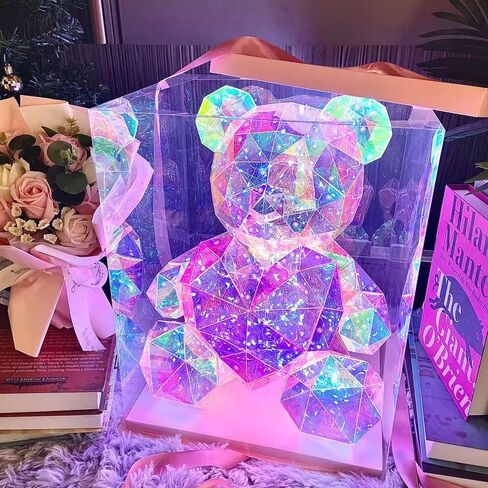 LED Valentines Romantic Gift Teddy Bear Night Light, Holographic Iridescent Design, Nursery Decor Display Box with Ribbon (Red Heart, Medium) in Saudi Arabia