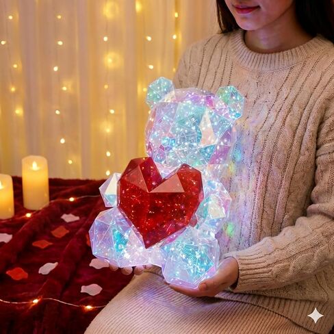 LED Valentines Romantic Gift Teddy Bear Night Light, Holographic Iridescent Design, Nursery Decor Display Box with Ribbon (Red Heart, Medium) in Saudi Arabia