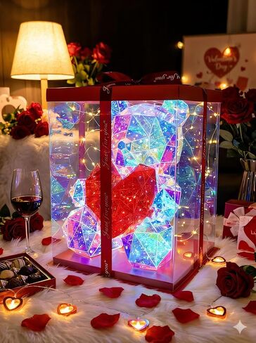 LED Valentines Romantic Gift Teddy Bear Night Light, Holographic Iridescent Design, Nursery Decor Display Box with Ribbon (Red Heart, Medium) in Saudi Arabia