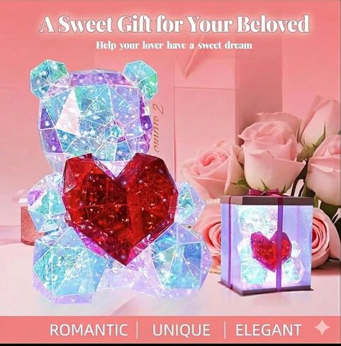 LED Valentines Romantic Gift Teddy Bear Night Light, Holographic Iridescent Design, Nursery Decor Display Box with Ribbon (Red Heart, Medium) in Saudi Arabia