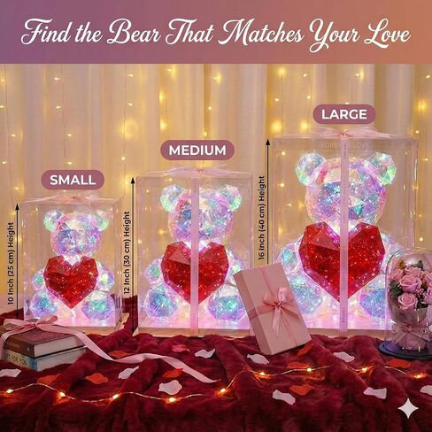 LED Valentines Romantic Gift Teddy Bear Night Light, Holographic Iridescent Design, Nursery Decor Display Box with Ribbon (Red Heart, Medium) in Saudi Arabia