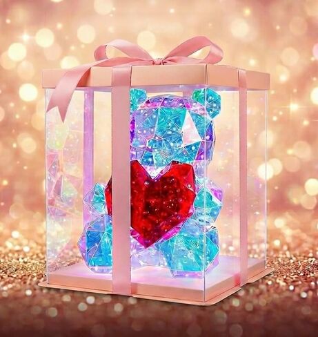 LED Valentines Romantic Gift Teddy Bear Night Light, Holographic Iridescent Design, Nursery Decor Display Box with Ribbon (Red Heart, Medium) in Saudi Arabia