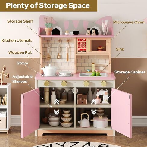 مطبخ اللعب الخشبي للأعمار من 3 إلى 8 أطفال، مجموعة لعب مطبخ بتصميم قطة مع ميكروويف وموقد وحوض ومقابض النقر، لعبة تظاهر للأطفال للأولاد والبنات، باللون الأبيض in Kuwait