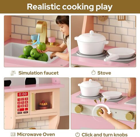 مطبخ اللعب الخشبي للأعمار من 3 إلى 8 أطفال، مجموعة لعب مطبخ بتصميم قطة مع ميكروويف وموقد وحوض ومقابض النقر، لعبة تظاهر للأطفال للأولاد والبنات، باللون الأبيض in Kuwait